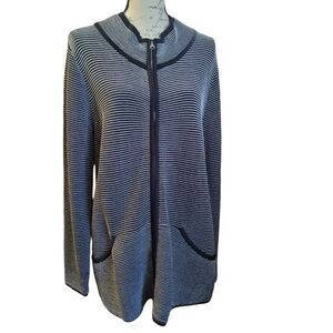 Soft Surroundings Black White Striped Ribbed Full Zip Sweater Large Cardigan